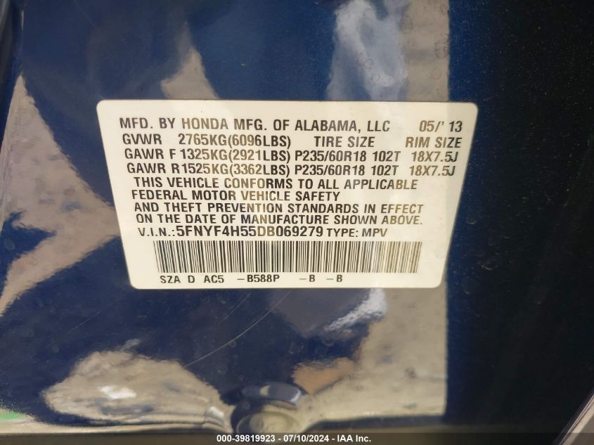 2013 Honda Pilot Ex-L VIN: 5FNYF4H55DB069279 Lot: 39819923