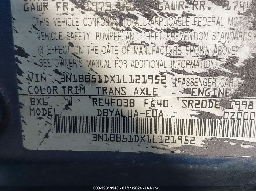 2001 Nissan Sentra Se VIN: 3N1BB51DX1L121952 Lot: 39819948