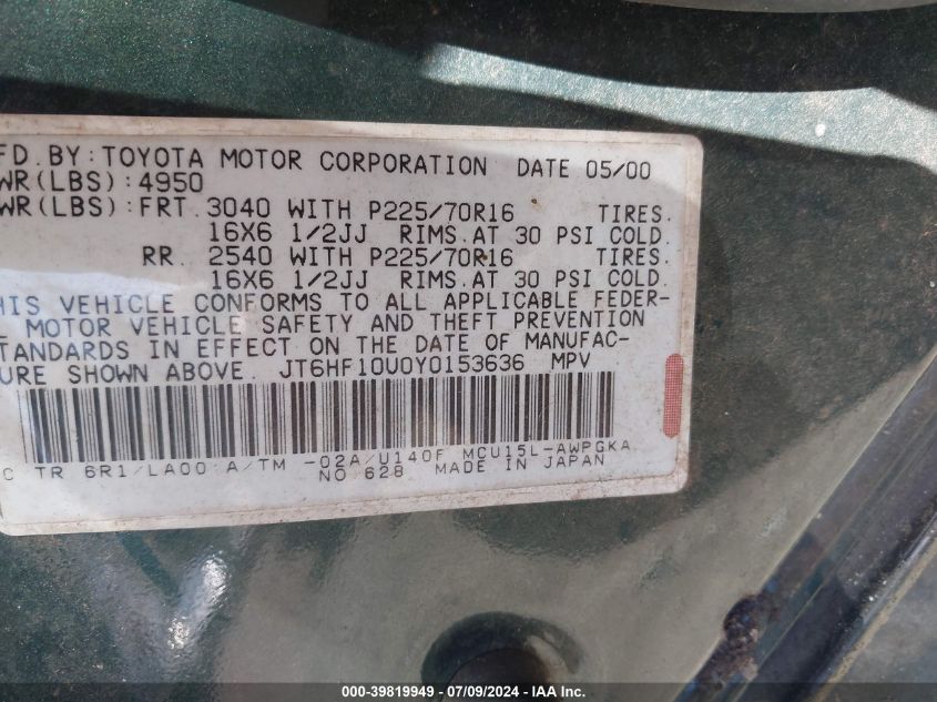 2000 Lexus Rx 300 VIN: JT6HF10U0Y0153636 Lot: 39819949