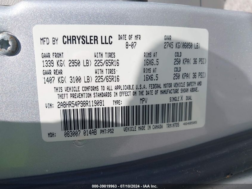 2008 Chrysler Town & Country Touring VIN: 2A8HR54P98R119091 Lot: 39819963