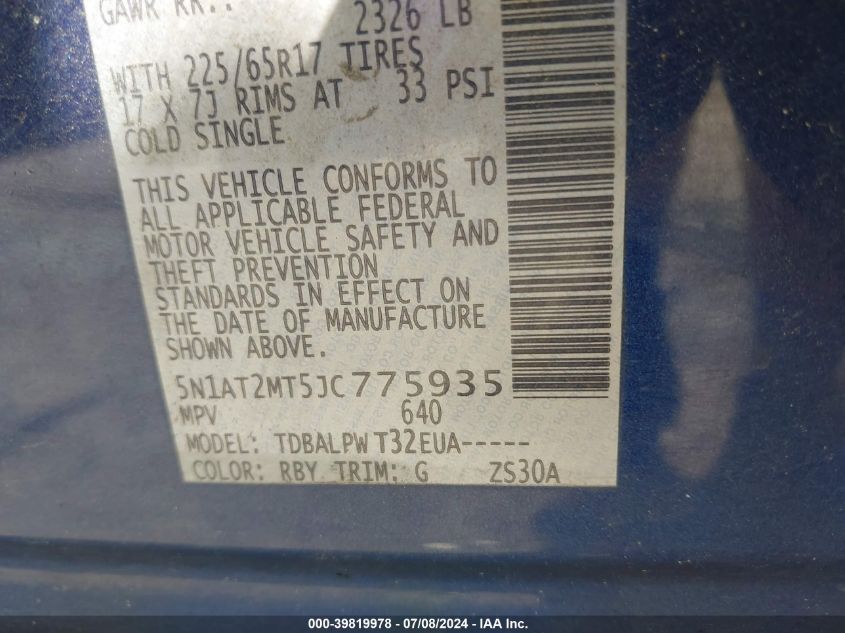 2018 Nissan Rogue S VIN: 5N1AT2MT5JC775935 Lot: 39819978