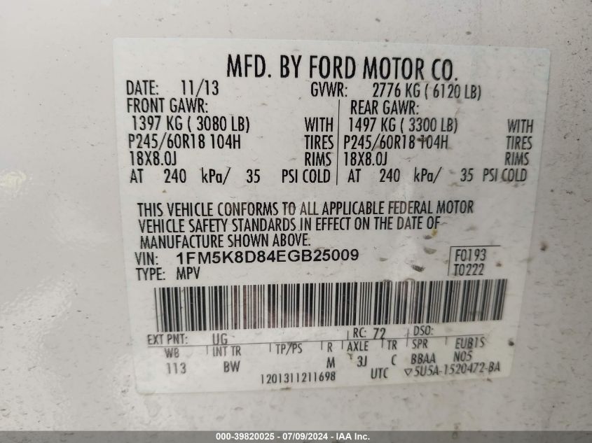 2014 Ford Explorer Xlt VIN: 1FM5K8D84EGB25009 Lot: 39820025