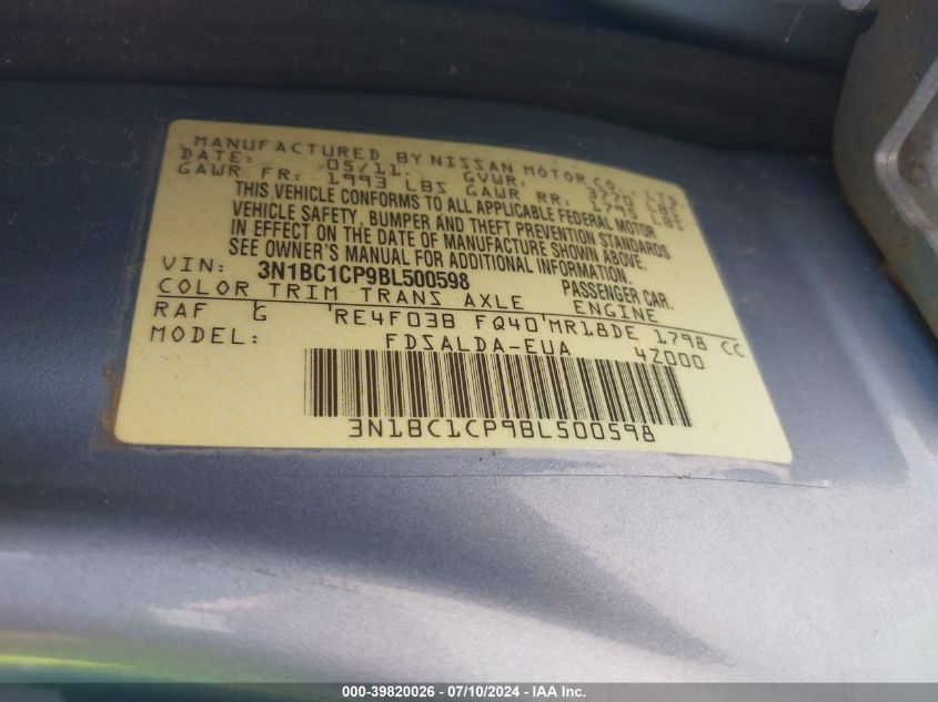 2011 Nissan Versa 1.8S VIN: 3N1BC1CP9BL500598 Lot: 39820026