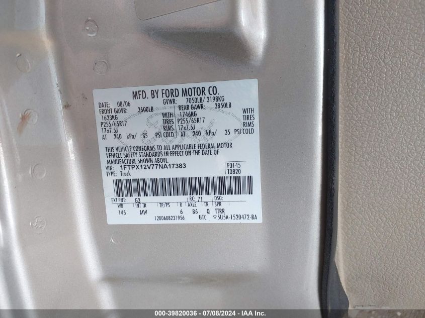 2007 Ford F-150 Lariat/Stx/Xl/Xlt VIN: 1FTPX12V77NA17383 Lot: 39820036