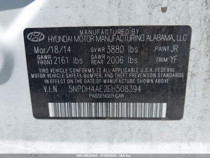 2014 Hyundai Elantra Se VIN: 5NPDH4AE2EH508394 Lot: 39820043