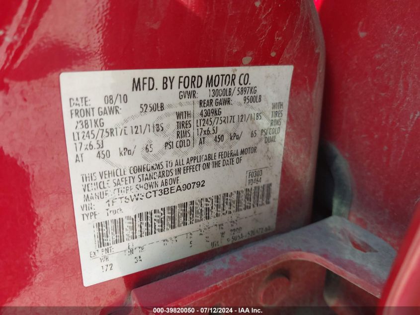 2011 Ford F-350 Super Duty VIN: 1FT8W3CT3BEA90792 Lot: 39820050