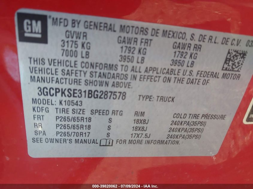 2011 Chevrolet Silverado 1500 Lt VIN: 3GCPKSE31BG287578 Lot: 39820062