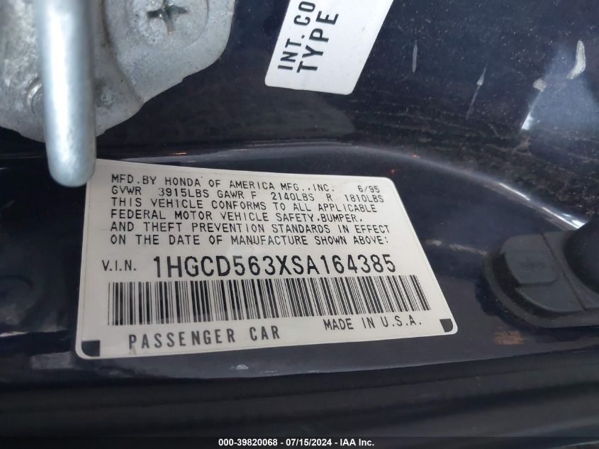 1995 Honda Accord Lx/Ex VIN: 1HGCD563XSA164385 Lot: 39820068