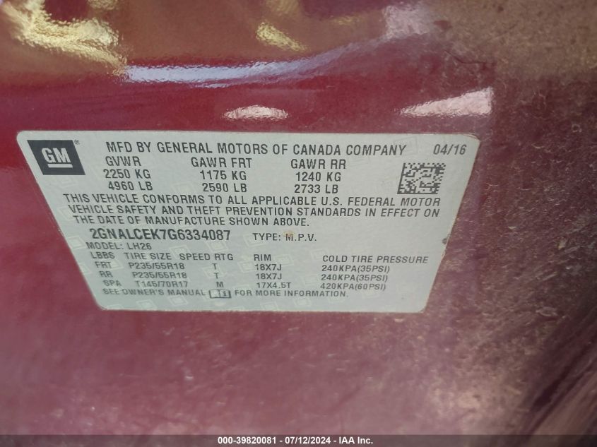 2GNALCEK7G6334087 2016 Chevrolet Equinox Lt