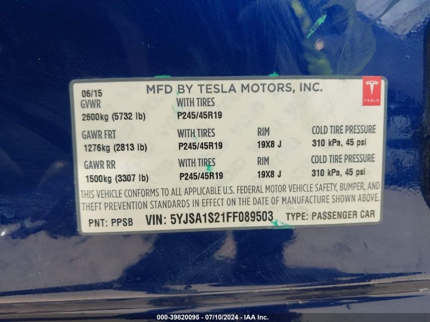 5YJSA1S21FF089503 2015 Tesla Model S 70D/85D/P85D