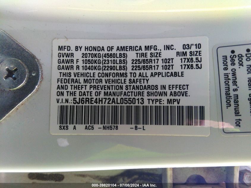 2010 Honda Cr-V Ex-L VIN: 5J6RE4H72AL055013 Lot: 39820104