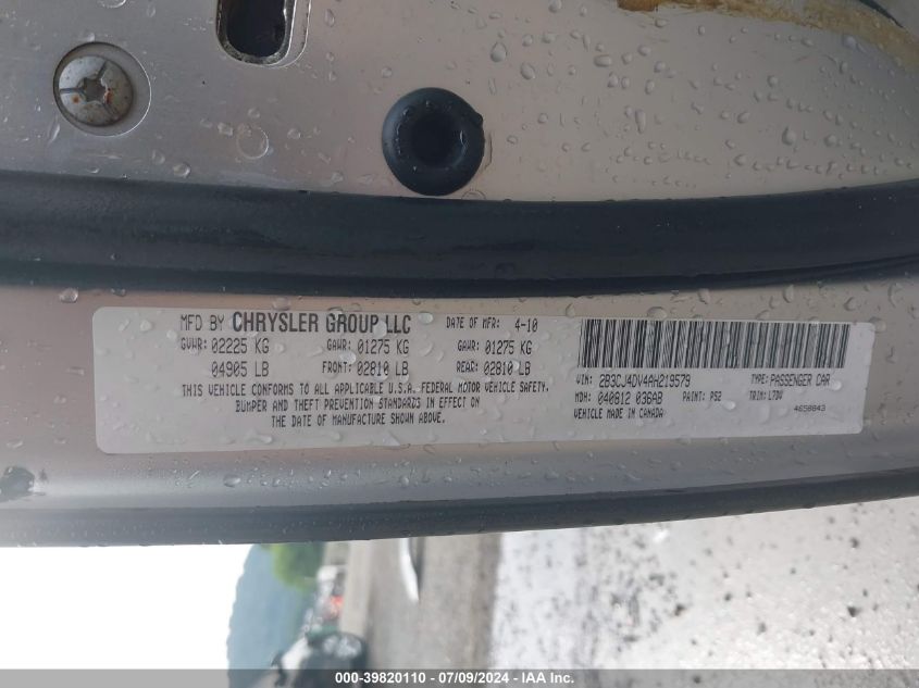 2010 Dodge Challenger Se VIN: 2B3CJ4DV4AH219579 Lot: 39820110