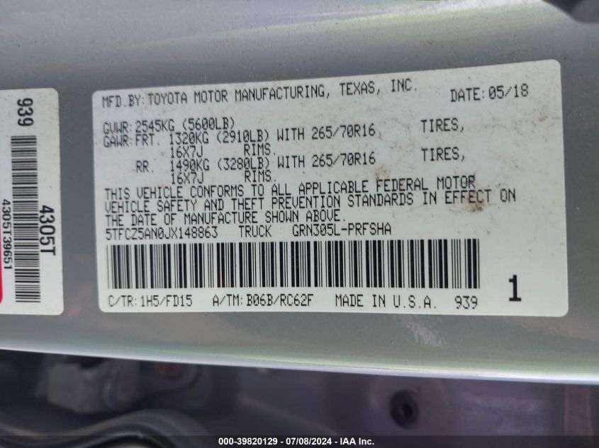 2018 Toyota Tacoma Trd Off Road VIN: 5TFCZ5AN0JX148863 Lot: 39820129