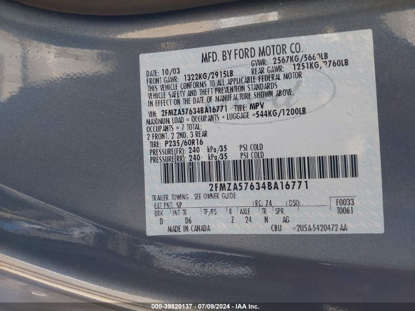 2004 Ford Freestar Ses VIN: 2FMZA57634BA16771 Lot: 39820137