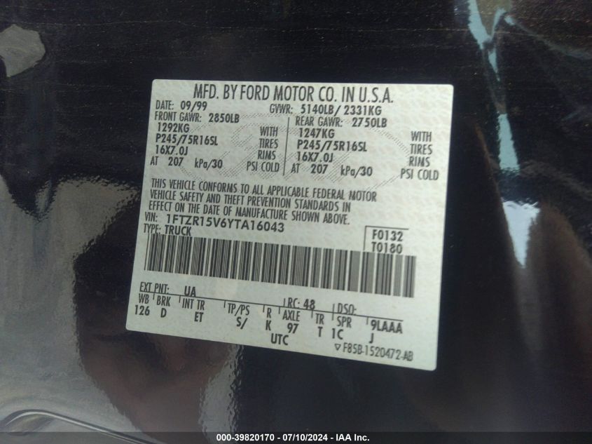 2000 Ford Ranger Xl/Xlt VIN: 1FTZR15V6YTA16043 Lot: 39820170