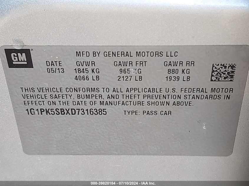 2013 Chevrolet Cruze Lt VIN: 1G1PK5SBXD7316385 Lot: 39820184