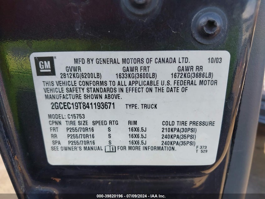 2004 Chevrolet Silverado C1500 VIN: 2GCEC19T841193671 Lot: 39820196