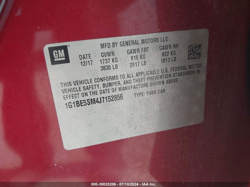 2018 Chevrolet Cruze Lt VIN: 1G1BE5SM4J7152856 Lot: 39820206