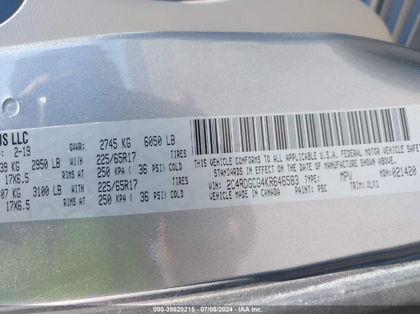 2019 Dodge Grand Caravan Sxt VIN: 2C4RDGCG4KR646583 Lot: 39820215