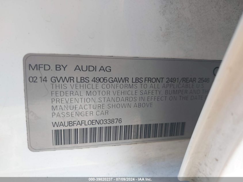 2014 Audi A4 2.0T Premium VIN: WAUBFAFL0EN033876 Lot: 39820237