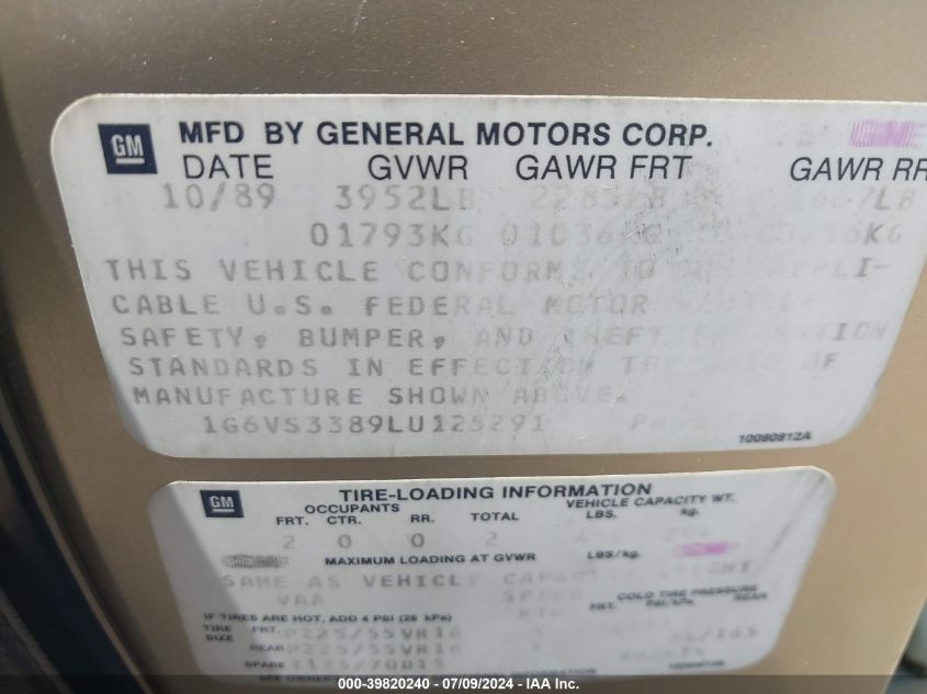 1990 Cadillac Allante VIN: 1G6VS3389LU125291 Lot: 39820240