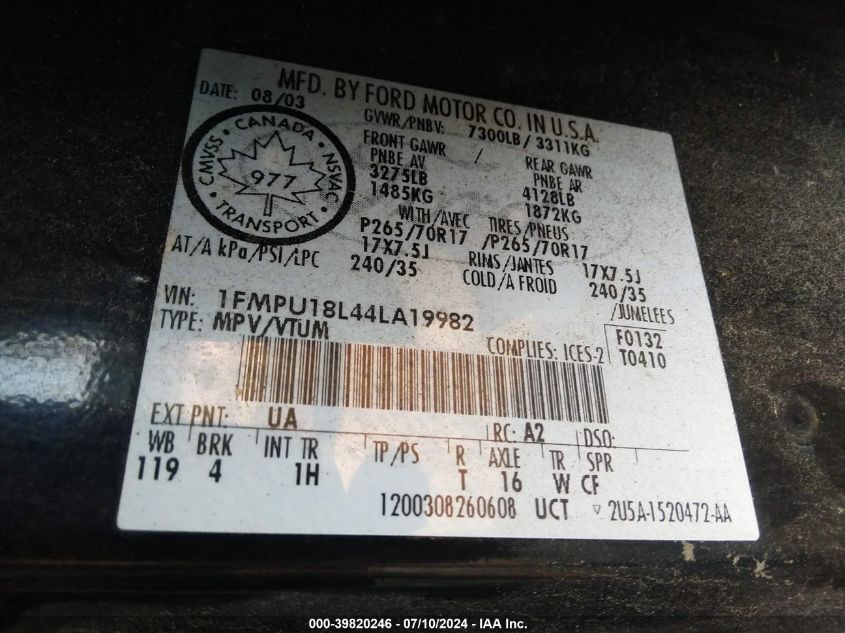 2004 Ford Expedition Eddie Bauer VIN: 1FMPU18L44LA19982 Lot: 39820246