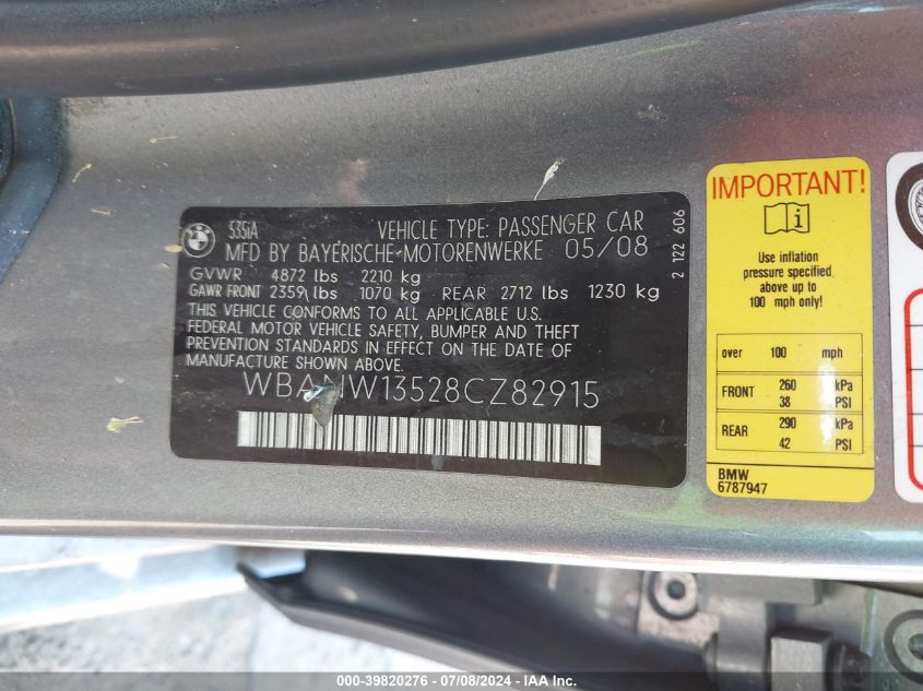 2008 BMW 535I VIN: WBANW13528CZ82915 Lot: 39820276