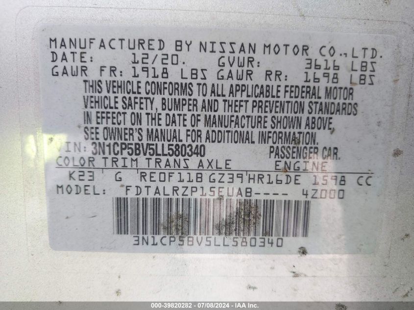 2020 Nissan Kicks S Xtronic Cvt VIN: 3N1CP5BV5LL580340 Lot: 39820282