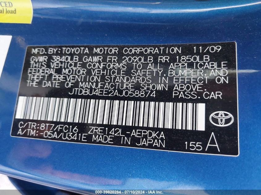 2010 Toyota Corolla Le VIN: JTDBU4EE2AJ058874 Lot: 39820284