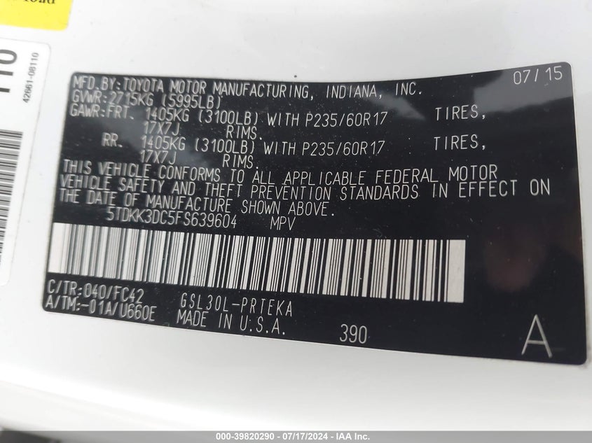 2015 Toyota Sienna Le 8 Passenger VIN: 5TDKK3DC5FS639604 Lot: 39820290