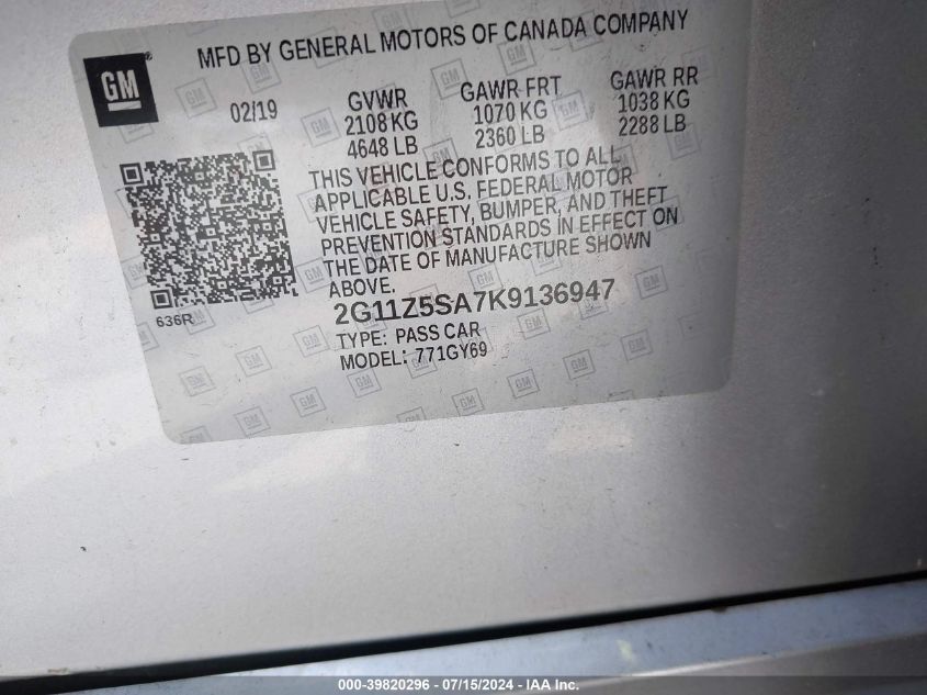 2019 Chevrolet Impala Lt VIN: 2G11Z5SA7K9136947 Lot: 39820296