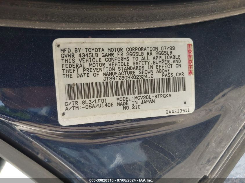 1999 Lexus Es 300 VIN: JT8BF28G9X0232416 Lot: 39820310