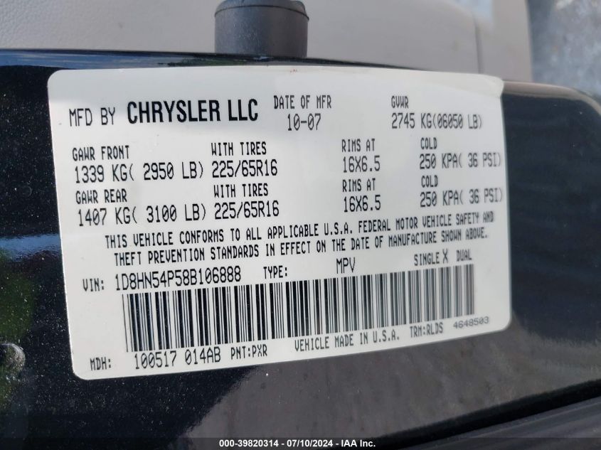 2008 Dodge Grand Caravan Sxt VIN: 1D8HN54P58B106888 Lot: 39820314