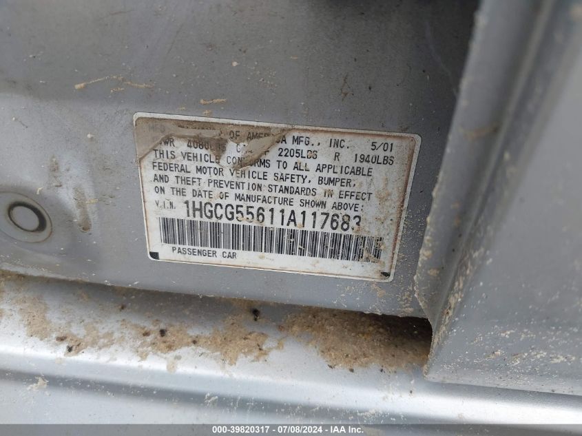 2001 Honda Accord 2.3 Ex VIN: 1HGCG55611A117683 Lot: 39820317