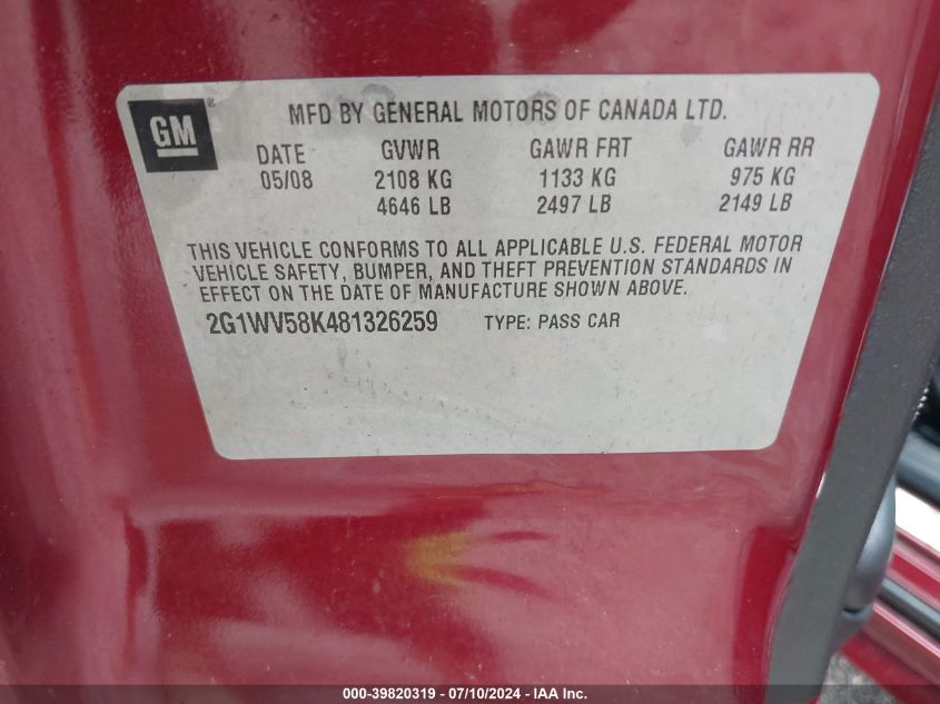2008 Chevrolet Impala Lt VIN: 2G1WV58K481326259 Lot: 39820319