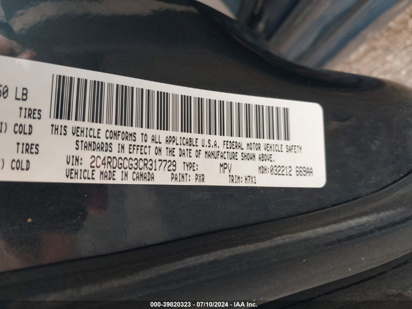 2012 Dodge Grand Caravan Sxt VIN: 2C4RDGCG3CR317729 Lot: 39820323