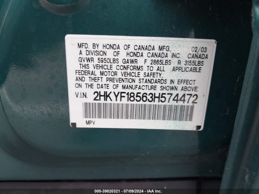 2003 Honda Pilot Ex-L VIN: 2HKYF18563H574472 Lot: 39820321