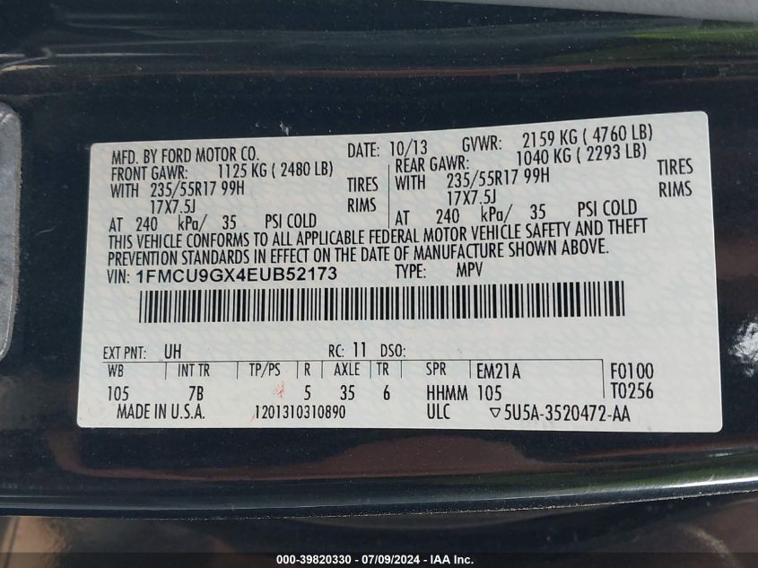 VIN 1FMCU9GX4EUB52173 2014 FORD ESCAPE no.9