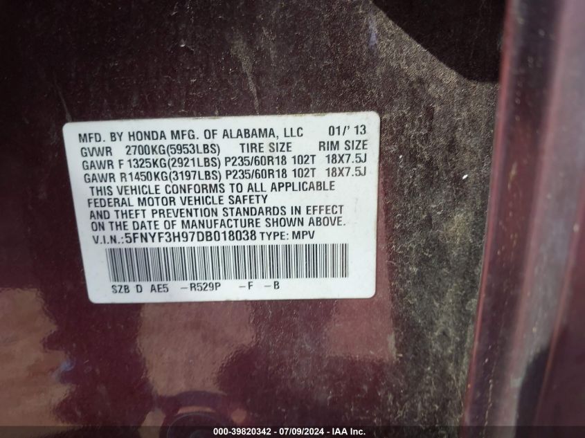 2013 Honda Pilot Touring VIN: 5FNYF3H97DB018038 Lot: 39820342