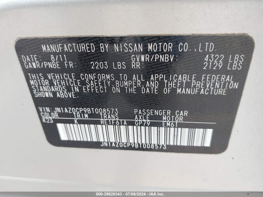 2011 Nissan Leaf Sl VIN: JN1AZ0CP9BT008573 Lot: 39820343