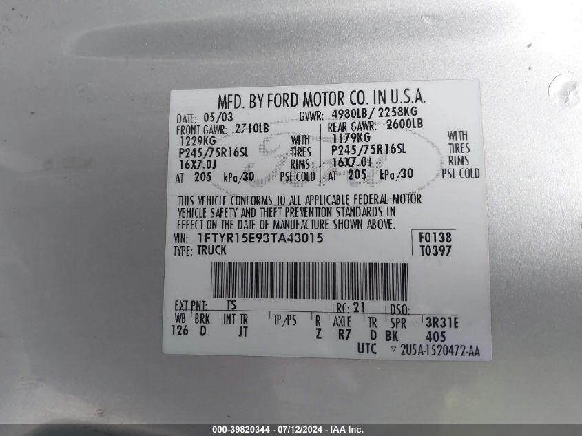 2003 Ford Ranger Super Cab VIN: 1FTYR15E93TA43015 Lot: 39820344