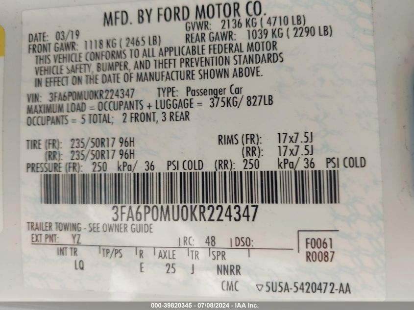 2019 Ford Fusion Hybrid Sel VIN: 3FA6P0MU0KR224347 Lot: 39820345