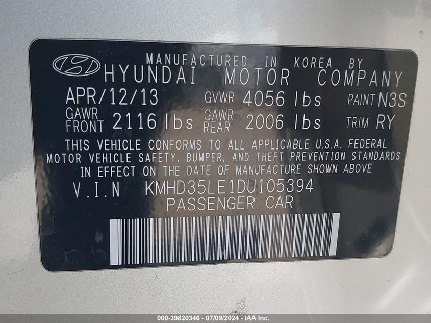 2013 Hyundai Elantra Gt VIN: KMHD35LE1DU105394 Lot: 39820346