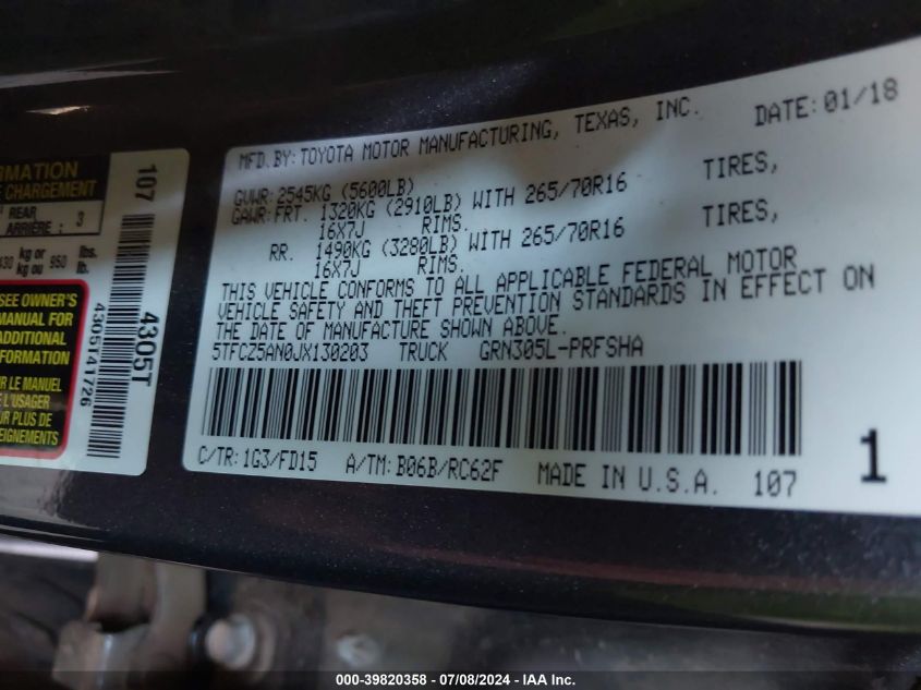 2018 Toyota Tacoma Trd Off Road VIN: 5TFCZ5AN0JX130203 Lot: 39820358