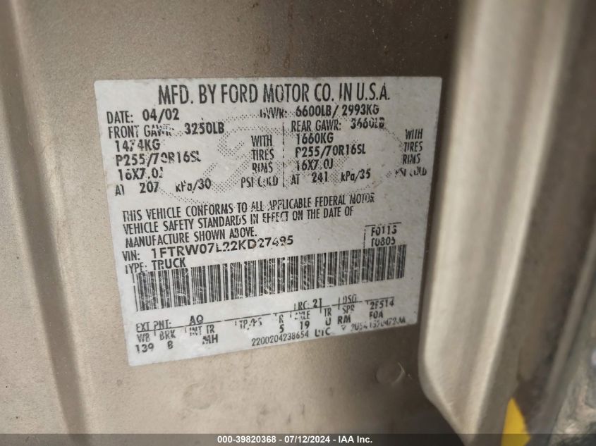 2002 Ford F-150 Lariat/Xlt VIN: 1FTRW07L22KD27495 Lot: 39820368