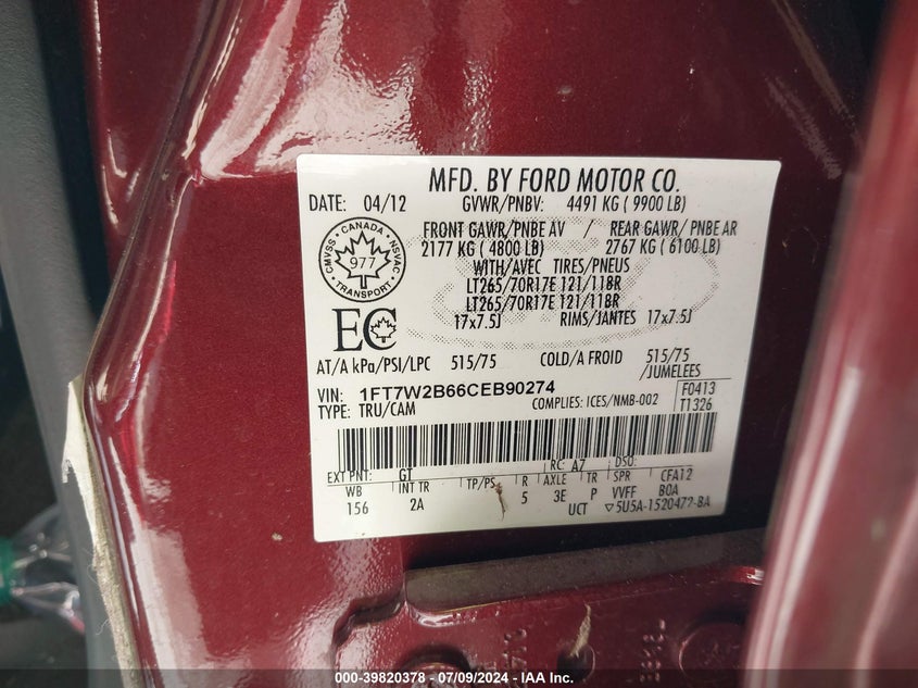 2012 Ford F-250 Xlt VIN: 1FT7W2B66CEB90274 Lot: 39820378