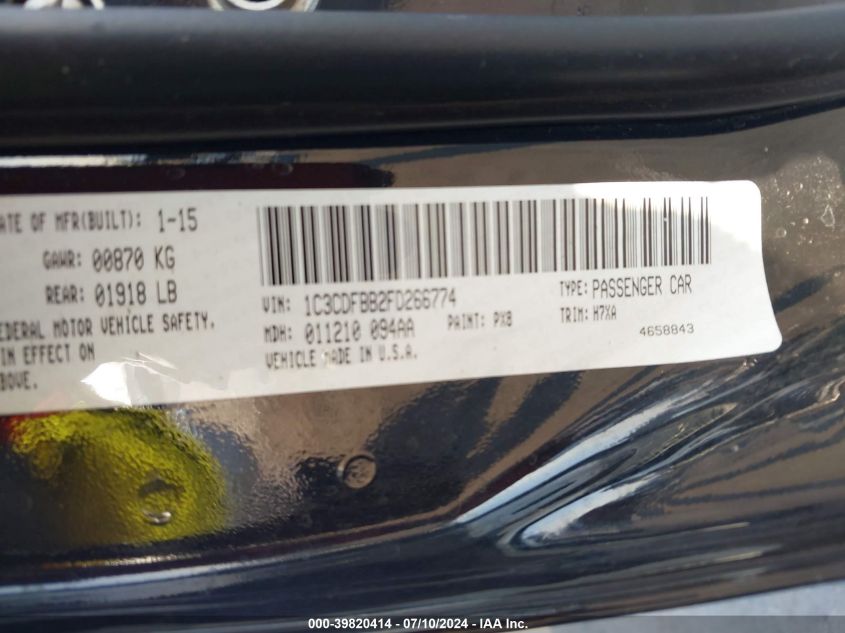 2015 Dodge Dart Sxt VIN: 1C3CDFBB2FD266774 Lot: 39820414