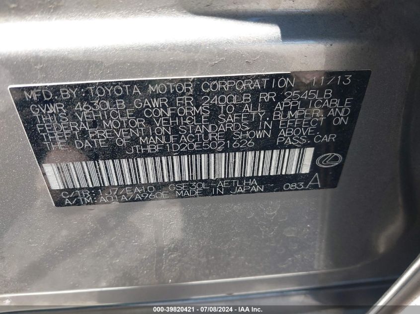 2014 Lexus Is 250 VIN: JTHBF1D20E5021626 Lot: 39820421