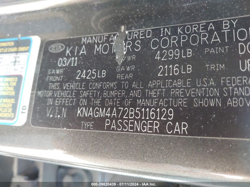 2011 Kia Optima Lx VIN: KNAGM4A72B5116129 Lot: 39820439