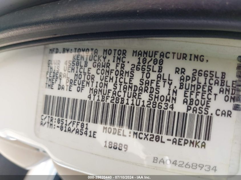 2001 Toyota Avalon Xl/Xls VIN: 4T1BF28B11U128634 Lot: 39820440